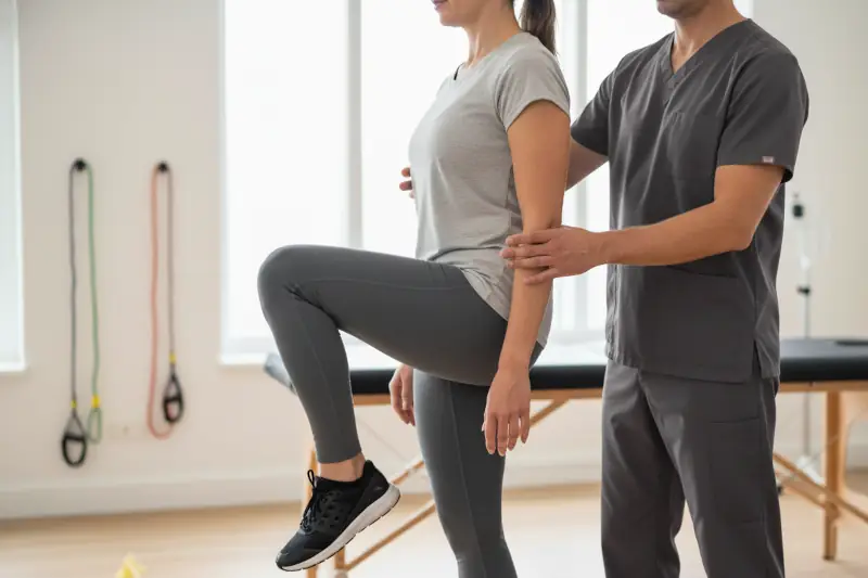 Paciente realizando movimiento funcional asistido tras tratamiento de fisioterapia invasiva en clínica.