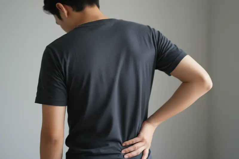 Fisioterapia para el dolor crónico en Zaragoza. Persona con signos de tensión corporal asociados al dolor crónico, evaluada en un contexto de fisioterapia.