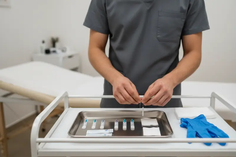 Fisioterapia invasiva en Zaragoza. Fisioterapeuta preparando material estéril para técnicas de fisioterapia invasiva en una clínica