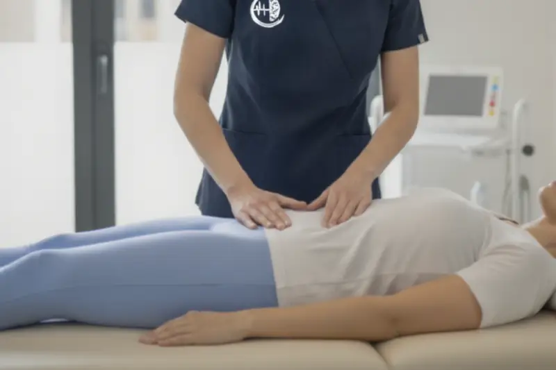 Sesión de reeducación del suelo pélvico con ejercicios guiados por fisioterapeuta especializada en clínica.